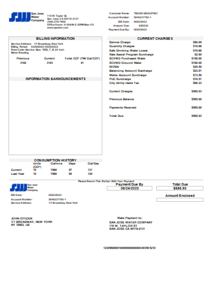 San Jose Water utility business bill, SCR PSD template